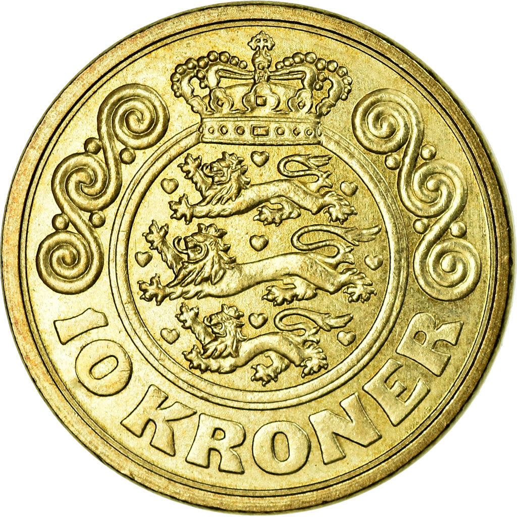 Moneta, Danimarca, Margrethe II, 10 Kroner, 1990, BB, Alluminio-bronzo, KM:867.2