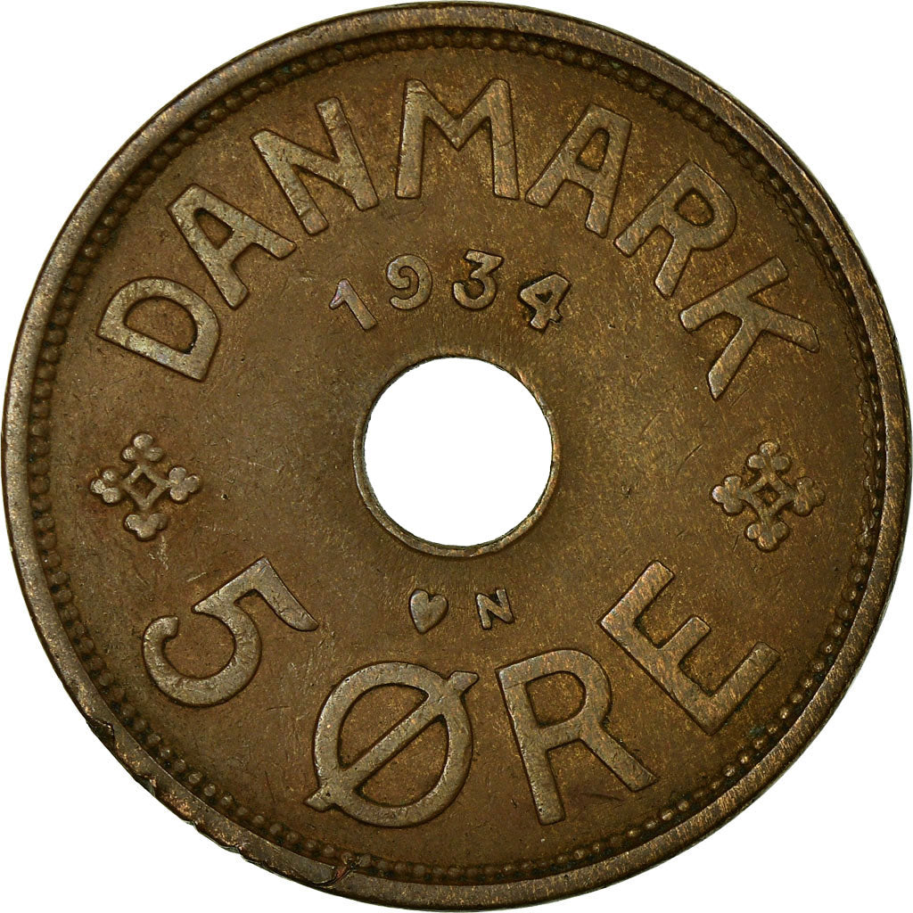 Munten, Denemarken, Christian X, 5 Öre, 1934, Copenhagen, FR+, Bronze, KM:828.2