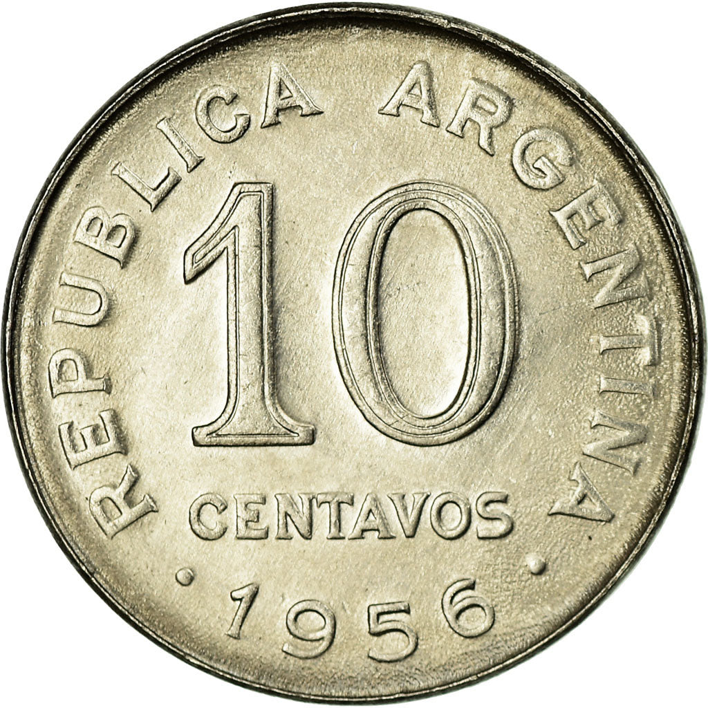 Coin, Argentina, 10 Centavos, 1956, AU(55-58), Nickel Clad Steel, KM:51