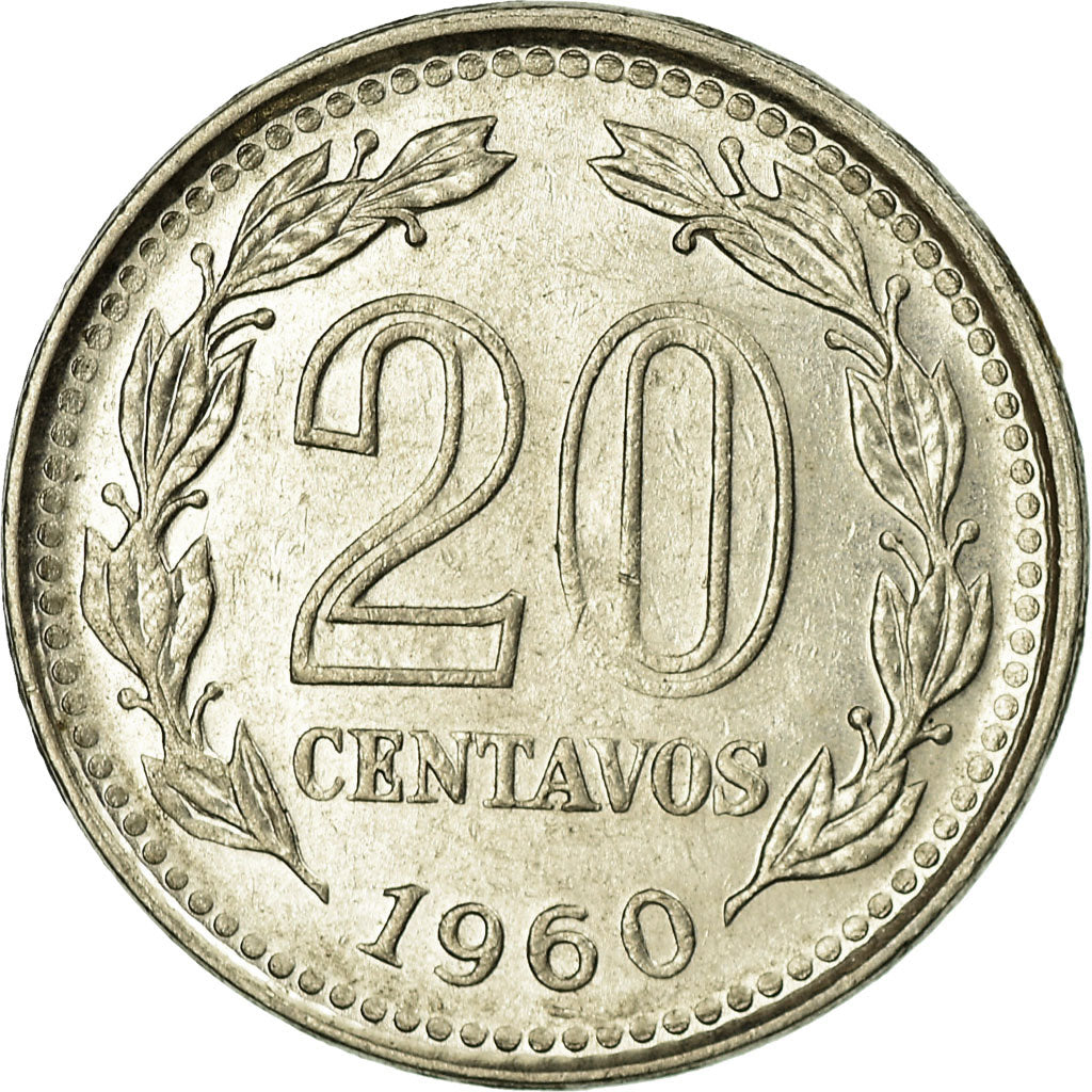 Moneta, Argentina, 20 Centavos, 1960, BB, Acciaio ricoperto in nichel, KM:55