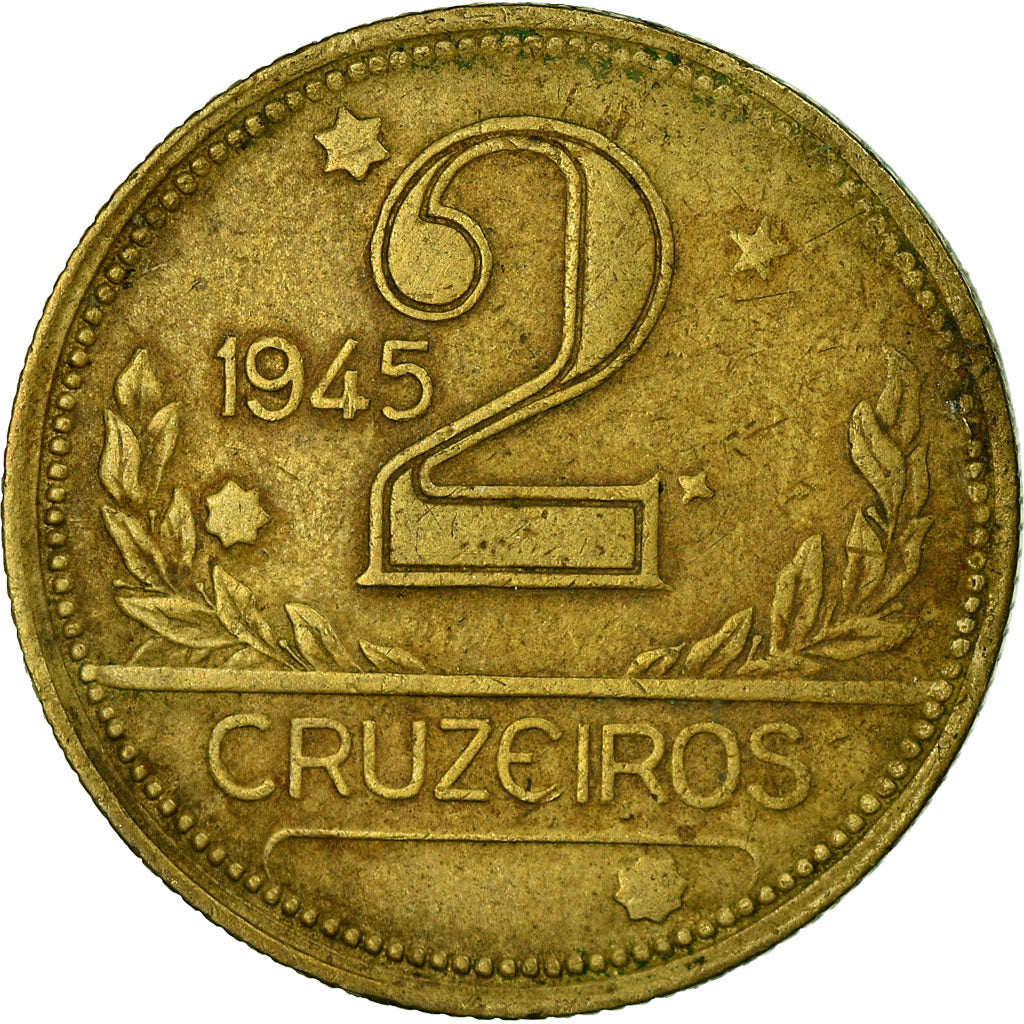 Moneda, Brasil, 2 Cruzeiros, 1945, MBC, Aluminio - bronce, KM:559