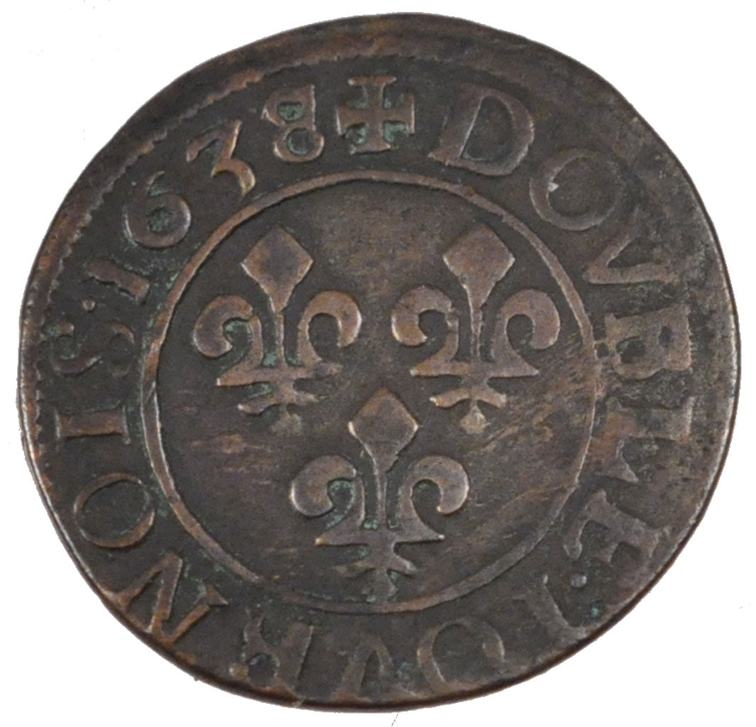 FRANCE, Double tournois, buste laurée et drapé, Double Tournois, 1638, Tours, KM