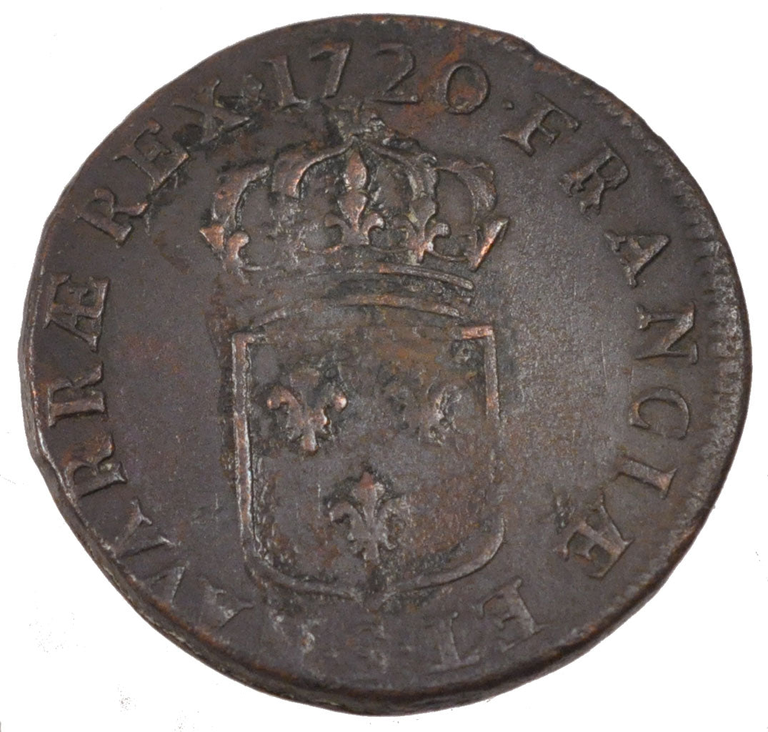 FRANCE, Sol au buste enfantin, Sol, 1720, Reims, KM #439.7, EF(40-45), Copper,..