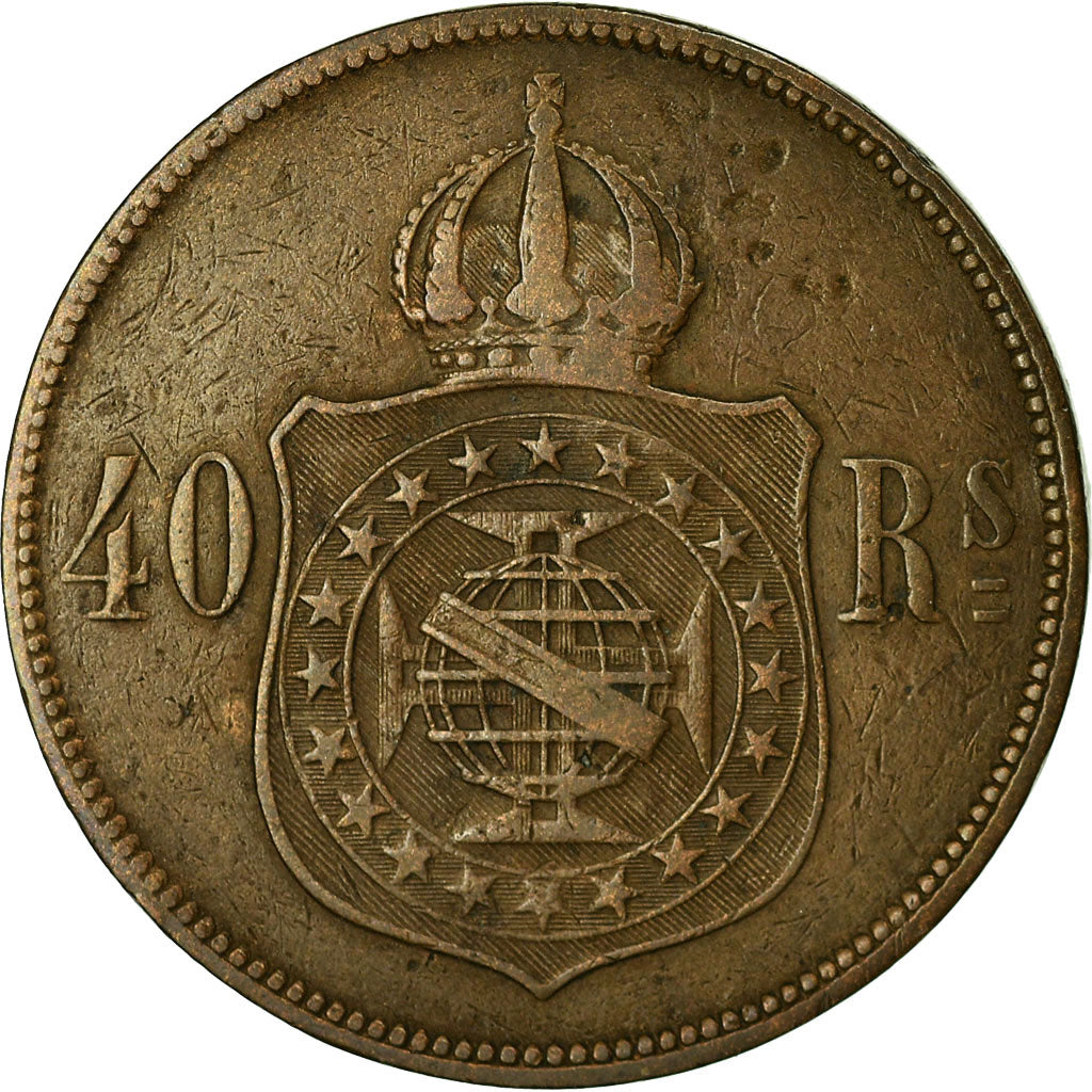 Moneda, Brasil, Pedro II, 40 Reis, 1873, BC+, Bronce, KM:479