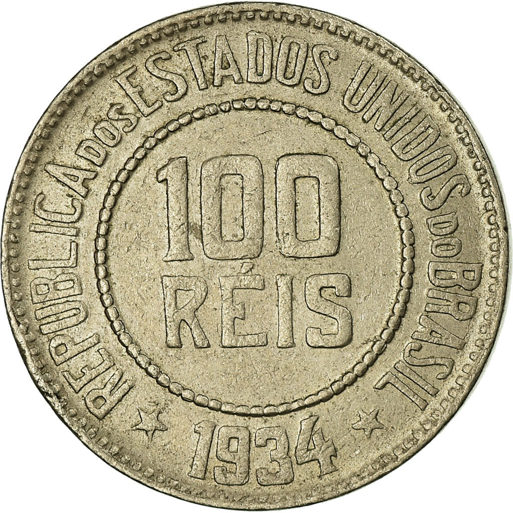 Coin, Brazil, 100 Reis, 1934, EF(40-45), Copper-nickel, KM:518