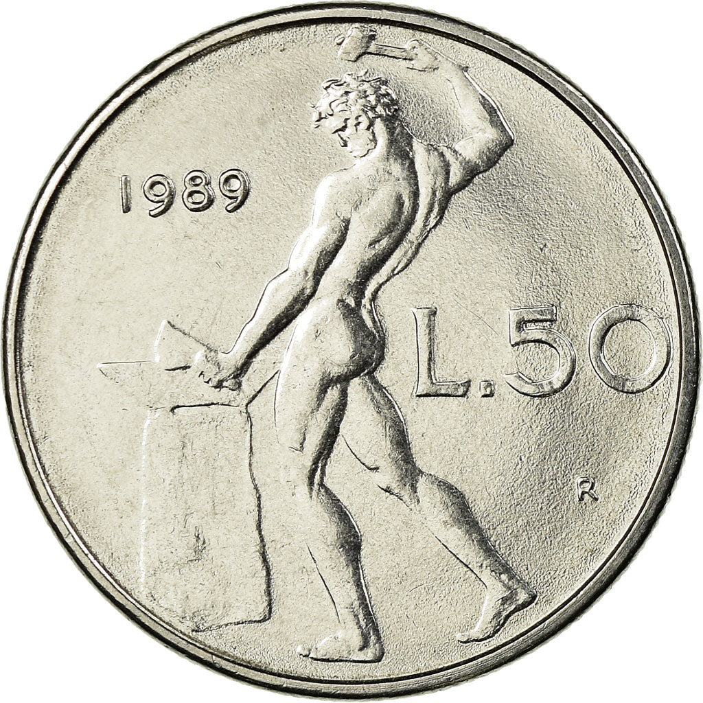 Moneta, Włochy, 50 Lire, 1989, Rome, EF(40-45), Stal nierdzewna, KM:95.1