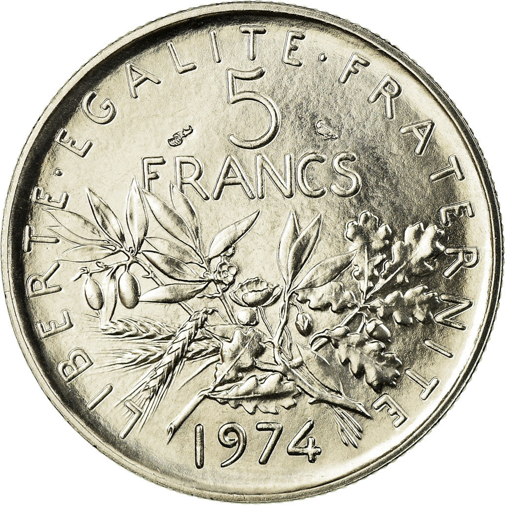 Munten, Frankrijk, Semeuse, 5 Francs, 1974, Paris, FDC, Nickel Clad