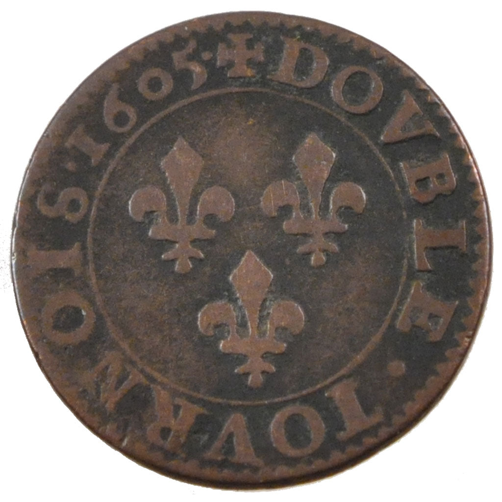 FRANCE, Double Tournois, 1605, Paris, KM #16.1, VF(20-25), Copper, Duplessy...