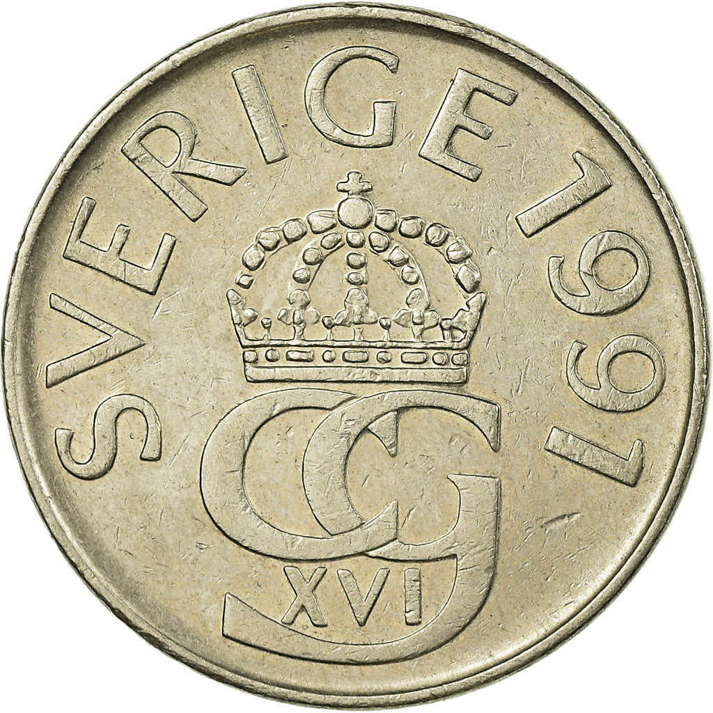 Moneda, Suecia, Carl XVI Gustaf, 5 Kronor, 1991, MBC, Cobre - níquel, KM:853