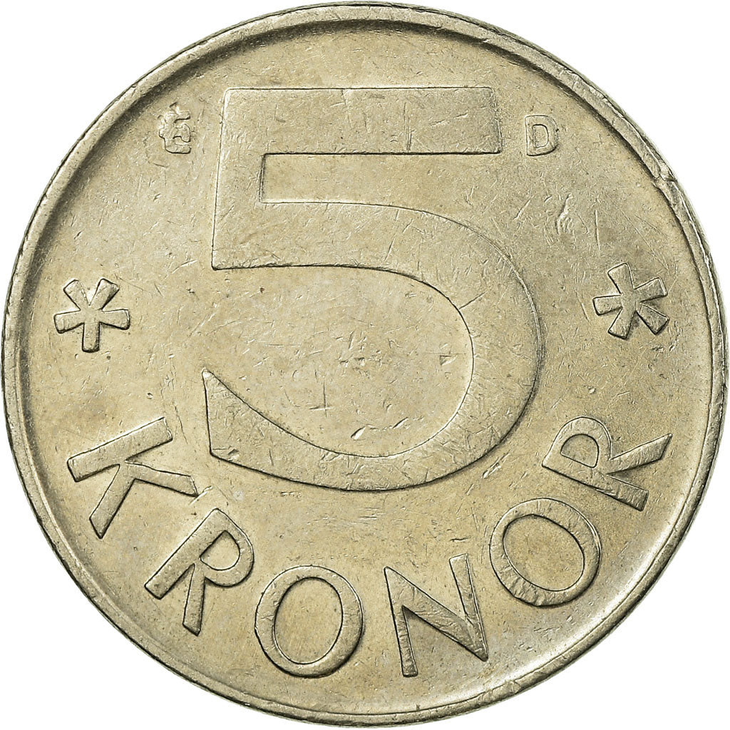 Moneda, Suecia, Carl XVI Gustaf, 5 Kronor, 1991, MBC, Cobre - níquel, KM:853