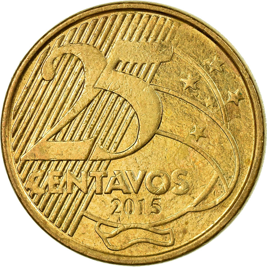 Moneda, Brasil, 25 Centavos, 2015, MBC, Bronce chapado en acero