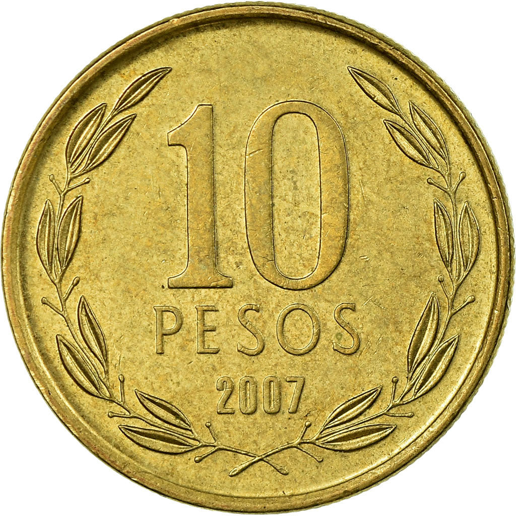 Moneda, Chile, 10 Pesos, 2007, Santiago, MBC, Aluminio - bronce, KM:228.2