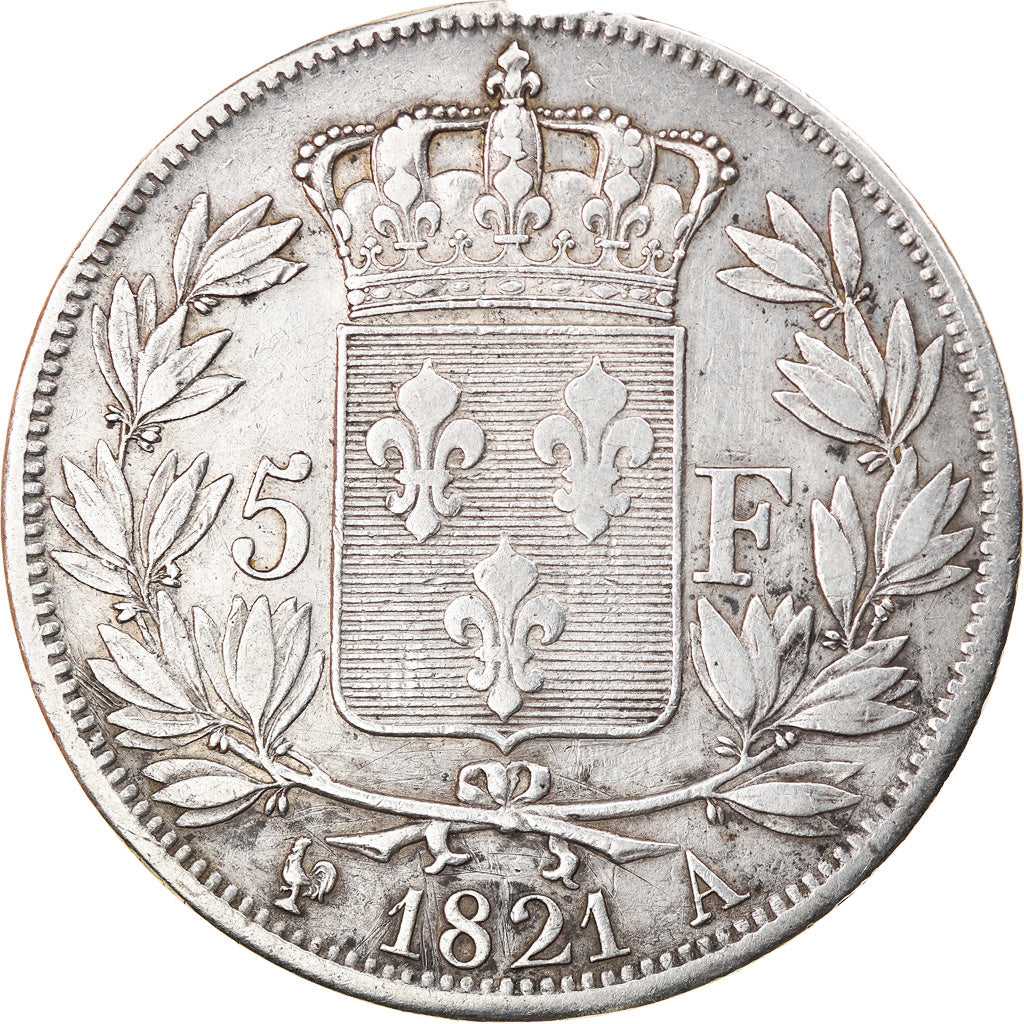 Moneda, Francia, Louis XVIII, Louis XVIII, 5 Francs, 1821, Paris, BC+, Plata