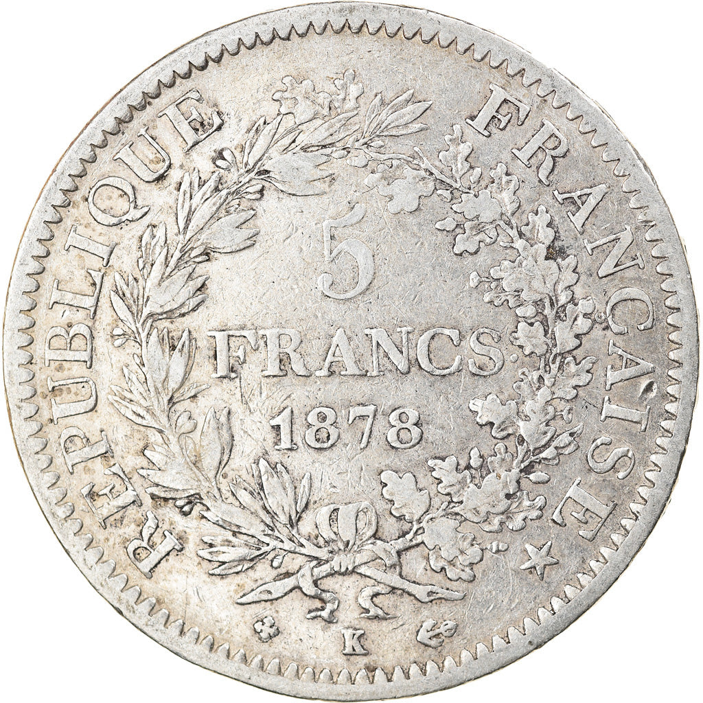 Moneta, Francia, Hercule, 5 Francs, 1878, Bordeaux, MB+, Argento, KM:820.2