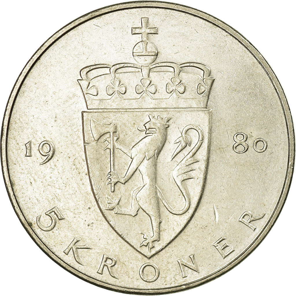 Coin, Norway, Olav V, 5 Kroner, 1980, EF(40-45), Copper-nickel, KM:420