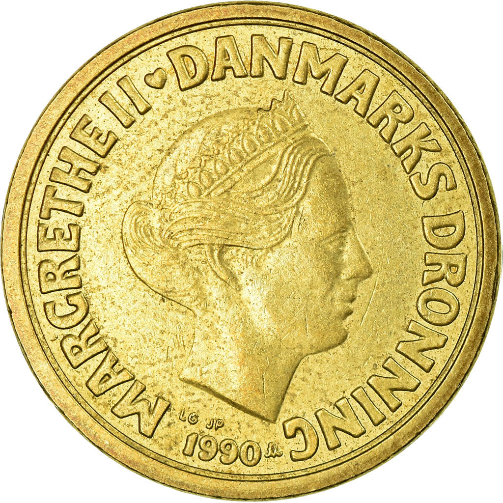 Moneta, Danimarca, Margrethe II, 10 Kroner, 1990, BB, Alluminio-bronzo, KM:867.2