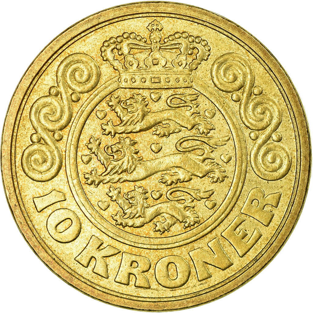 Moneta, Danimarca, Margrethe II, 10 Kroner, 1990, BB, Alluminio-bronzo, KM:867.2