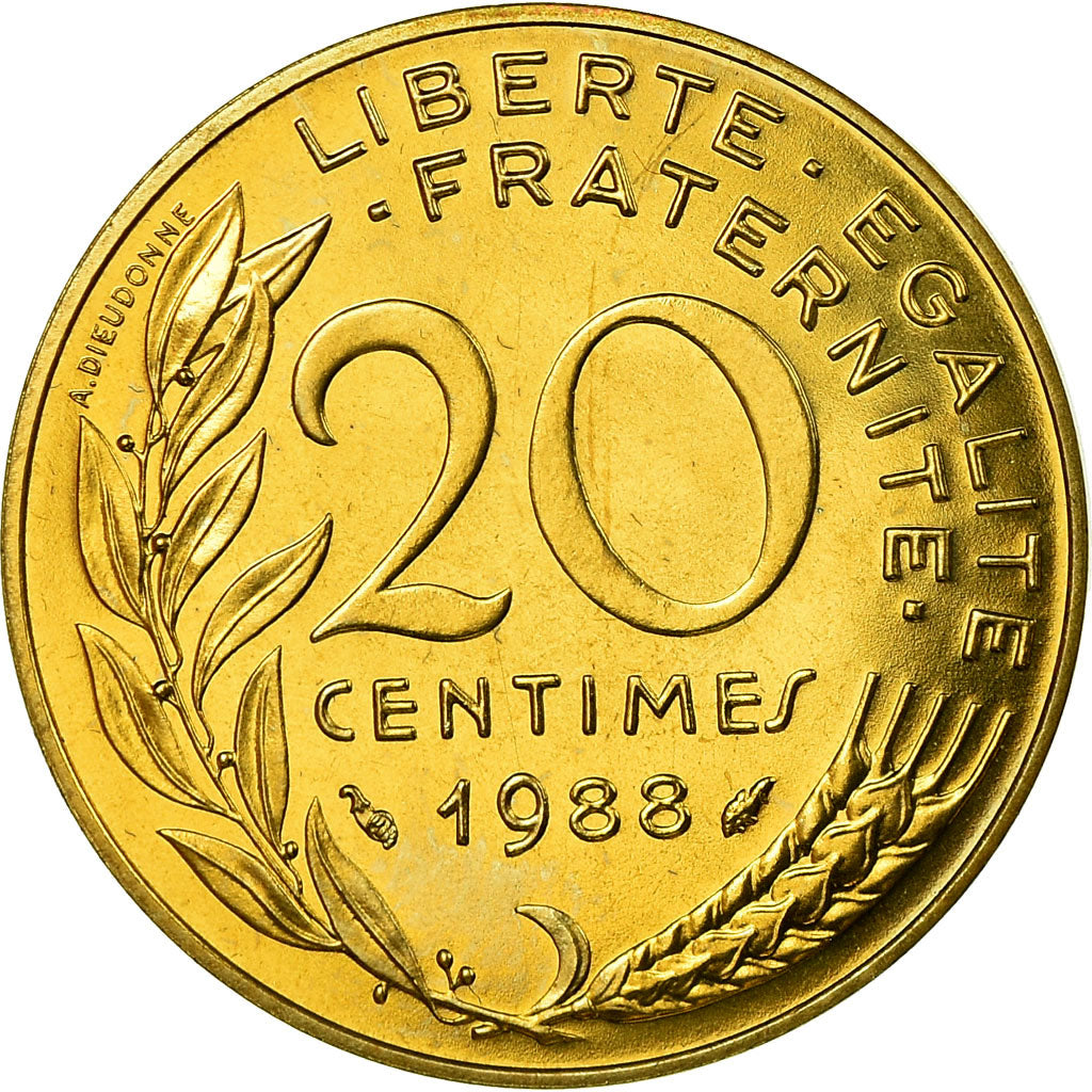 Moneta, Francja, Marianne, 20 Centimes, 1988, Paris, MS(65-70), Aluminium-Brąz