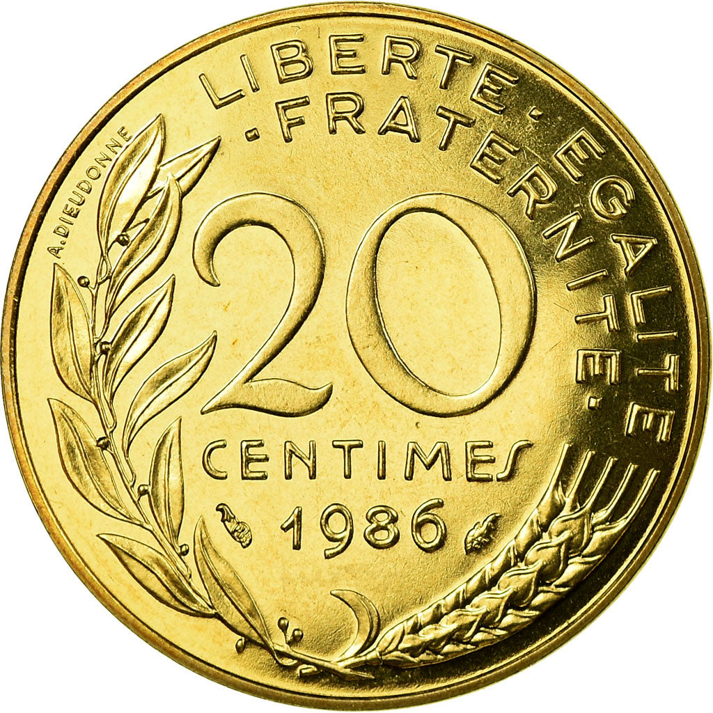 Moeda, França, Marianne, 20 Centimes, 1986, Paris, MS(65-70), Alumínio-Bronze
