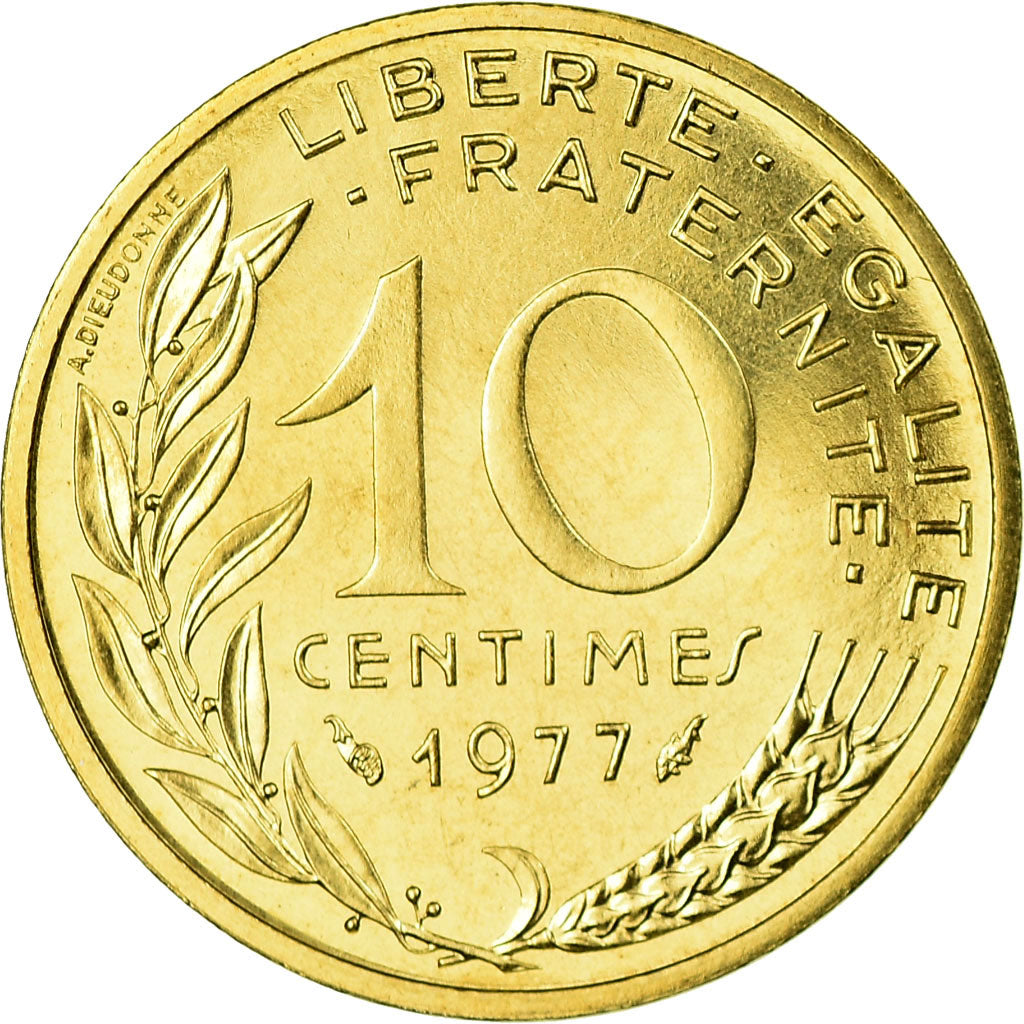 Moneta, Francja, Marianne, 10 Centimes, 1977, Paris, MS(65-70), Aluminium-Brąz