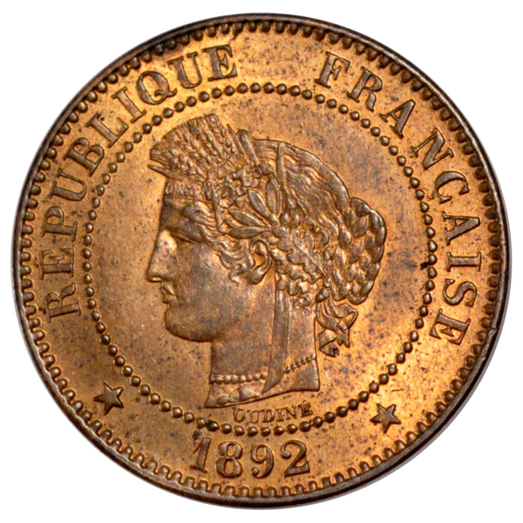 FRANCE, Cérès, 2 Centimes, 1892, Paris, KM #827.1, MS(65-70), Bronze, 20.2, G...