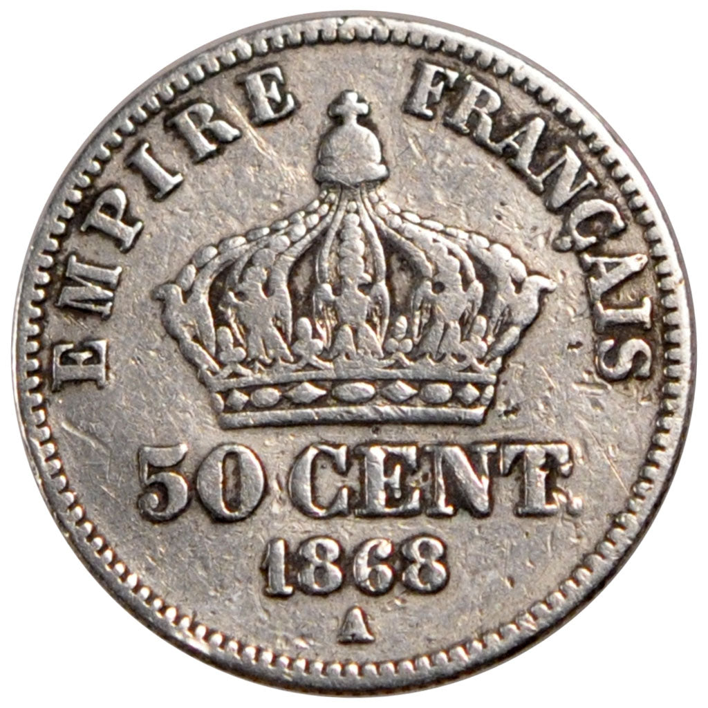 FRANCE, Napoléon III, 50 Centimes, 1868, Paris, KM #814.1, VF(20-25), Silver, 18