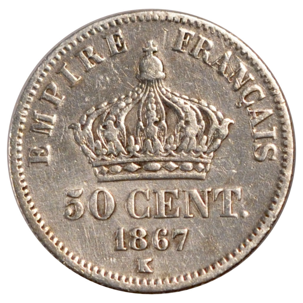 FRANCE, Napoléon III, 50 Centimes, 1867, Bordeaux, KM #814.3, VF(20-25), Silver,