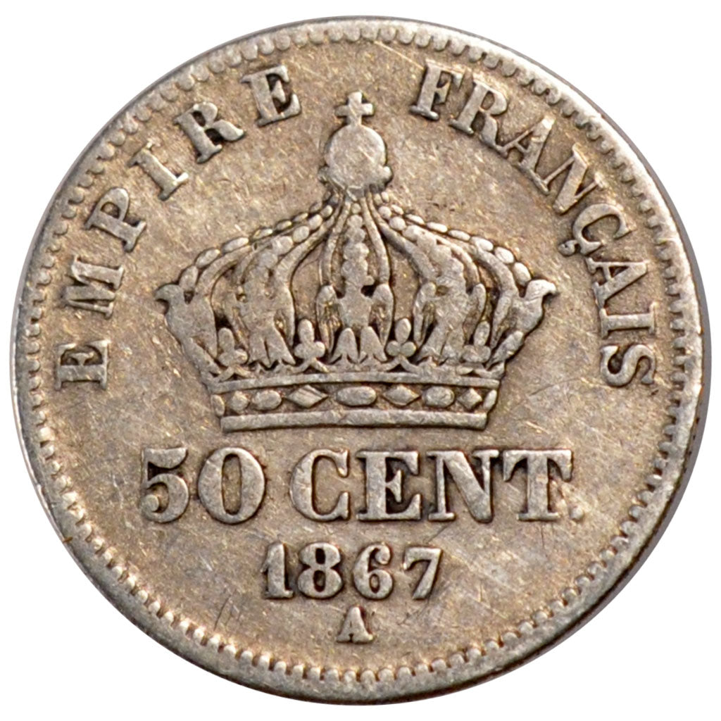 FRANCE, Napoléon III, 50 Centimes, 1867, Paris, KM #814.1, VF(20-25), Silver, 18