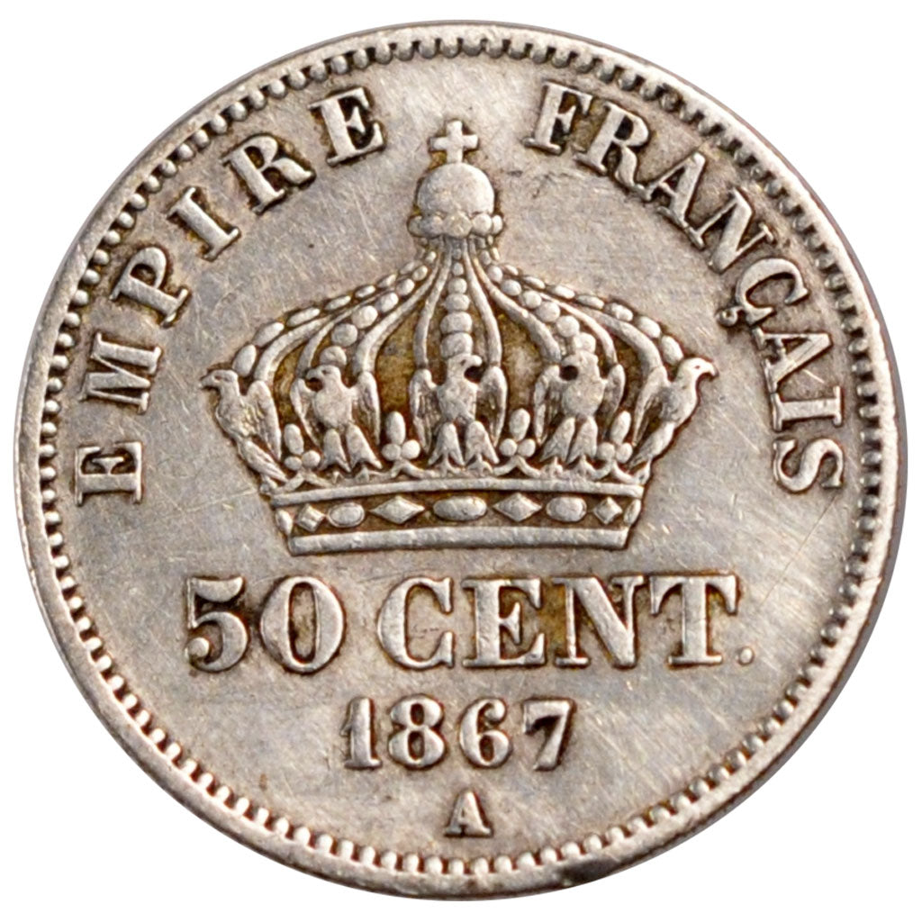 FRANCE, Napoléon III, 50 Centimes, 1867, Paris, KM #814.1, VF(30-35), Silver, 18
