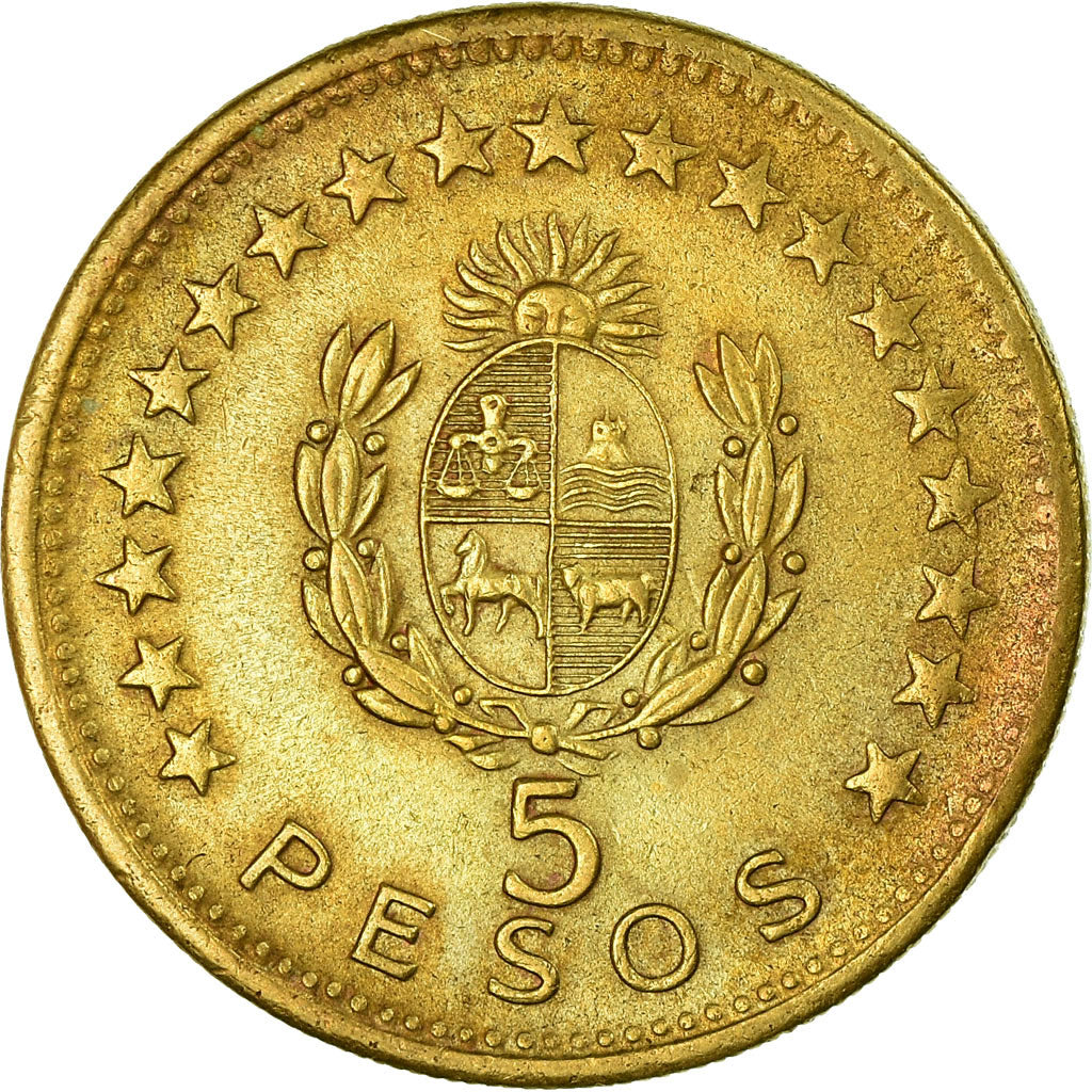 Moneda, Uruguay, 5 Pesos, 1965, Santiago, MBC, Aluminio - bronce, KM:47