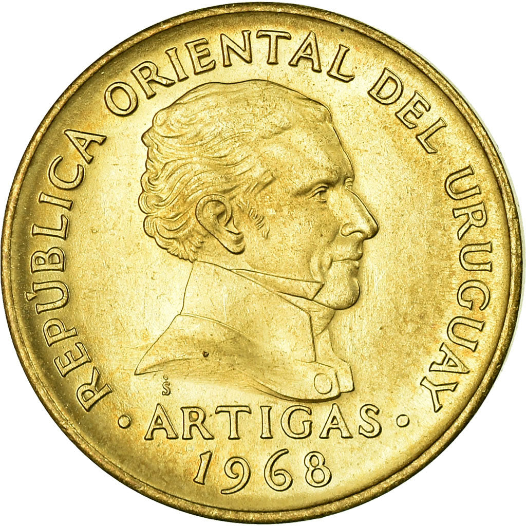 Moneda, Uruguay, 5 Pesos, 1968, Santiago, EBC, Níquel - latón, KM:50