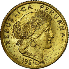 Coin, Peru, 5 Centavos, 1954, Lima, AU(55-58), Brass, KM:223.2