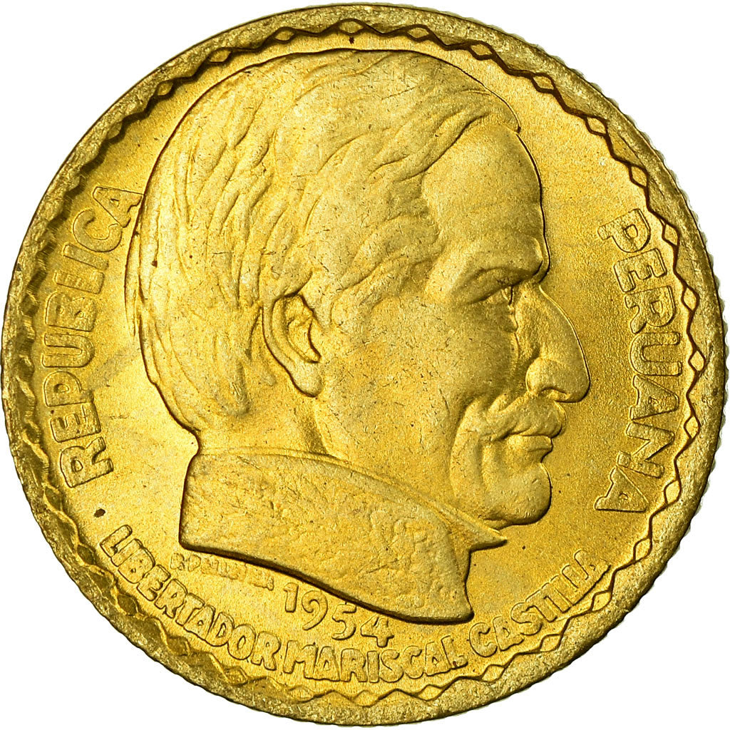 Coin, Peru, 10 Centavos, 1954, Lima, AU(55-58), Brass, KM:233
