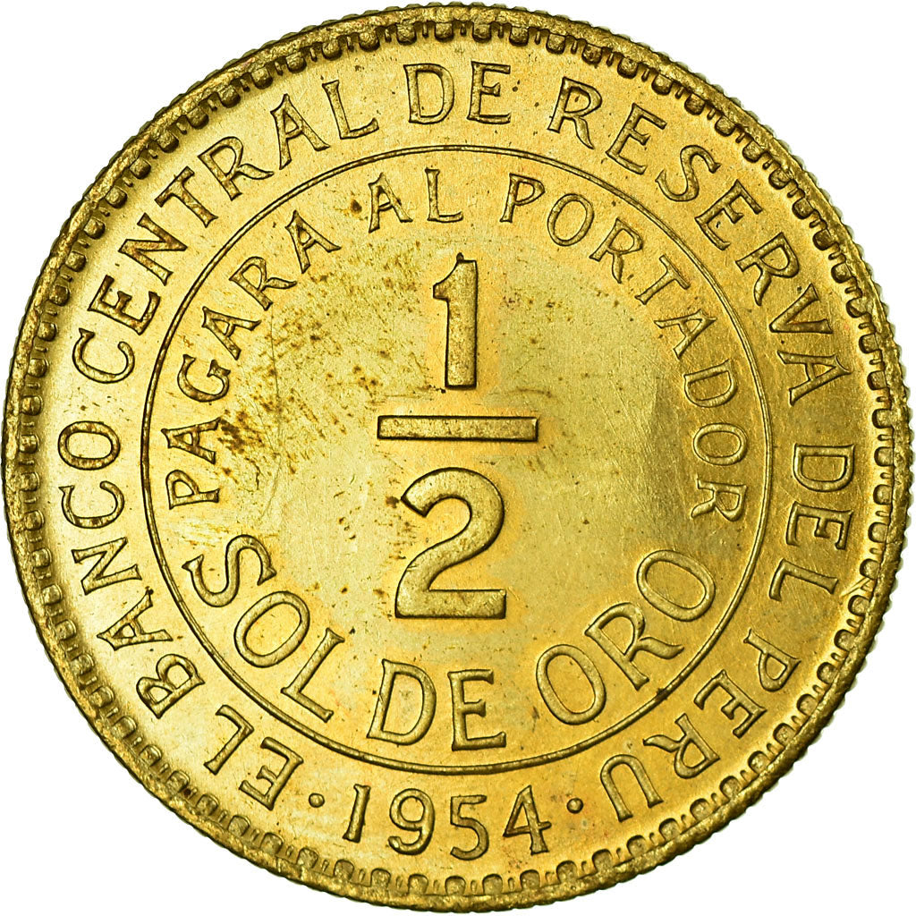 Coin, Peru, 1/2 Sol, 1954, Lima, AU(55-58), Brass, KM:220.5