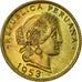 Coin, Peru, 20 Centavos, 1953, Lima, AU(55-58), Brass, KM:221.2b