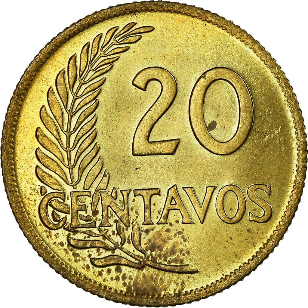 Coin, Peru, 20 Centavos, 1953, Lima, AU(55-58), Brass, KM:221.2b
