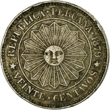 Moneda, Perú, SOUTH PERU, 20 Centavos, 1879, Lima, MBC, Cobre - níquel, KM:199