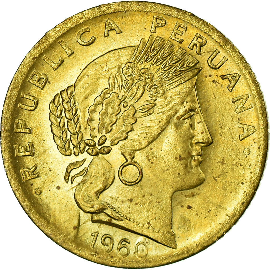 Coin, Peru, 5 Centavos, 1960, Lima, EF(40-45), Brass, KM:223.2
