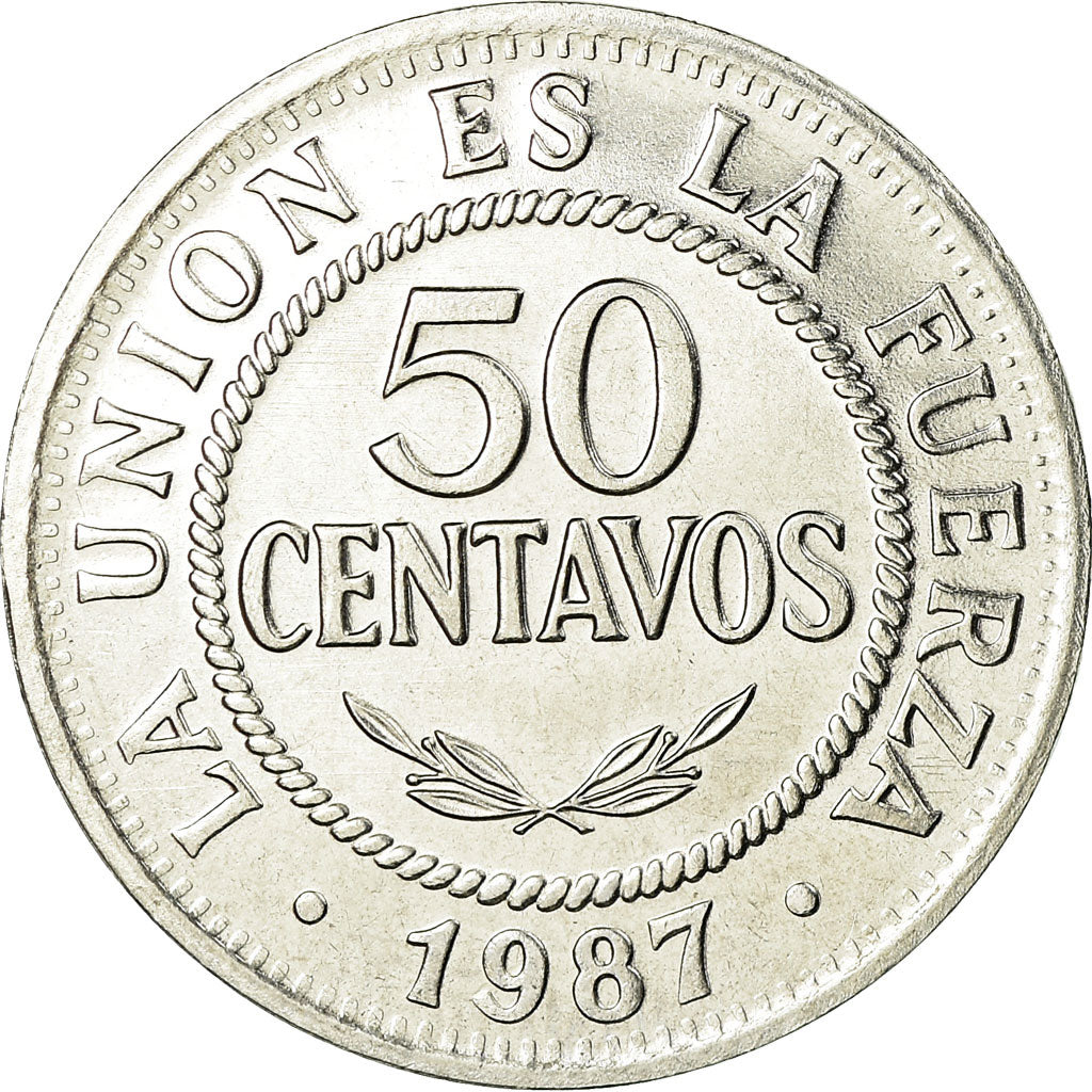 Coin, Bolivia, 50 Centavos, 1987, AU(55-58), Stainless Steel, KM:204