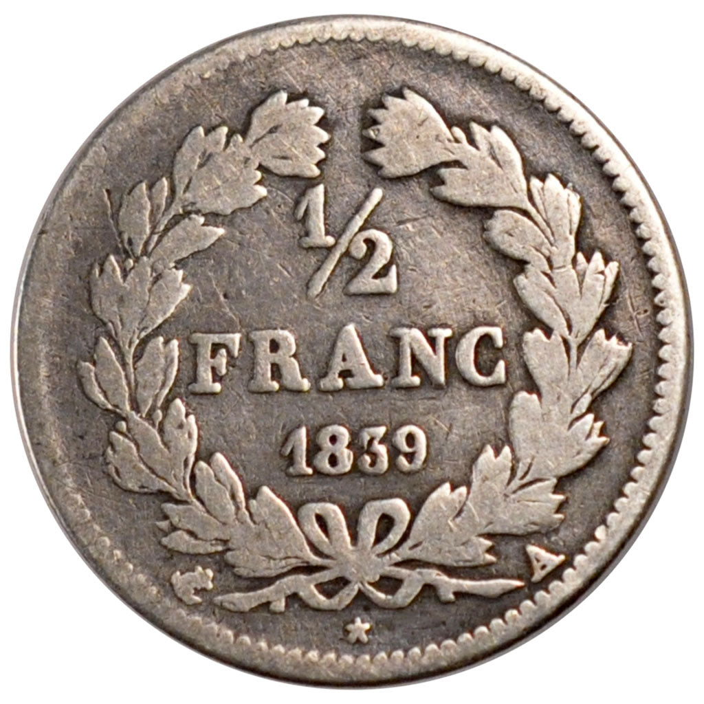 FRANCE, Louis-Philippe, 1/2 Franc, 1839, Paris, KM #741.1, F(12-15), Silver,...