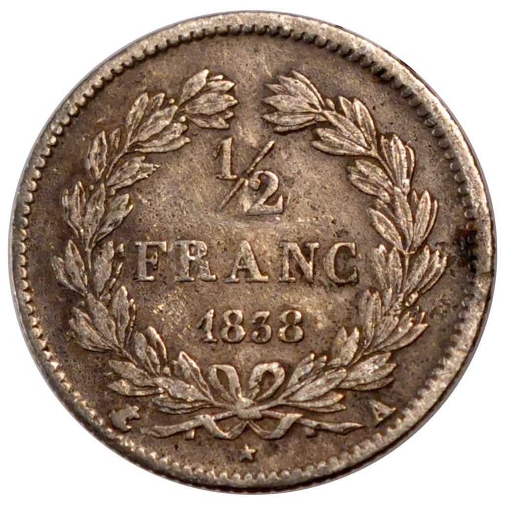 FRANCE, Louis-Philippe, 1/2 Franc, 1838, Paris, KM #741.1, VF(20-25), Silver,...