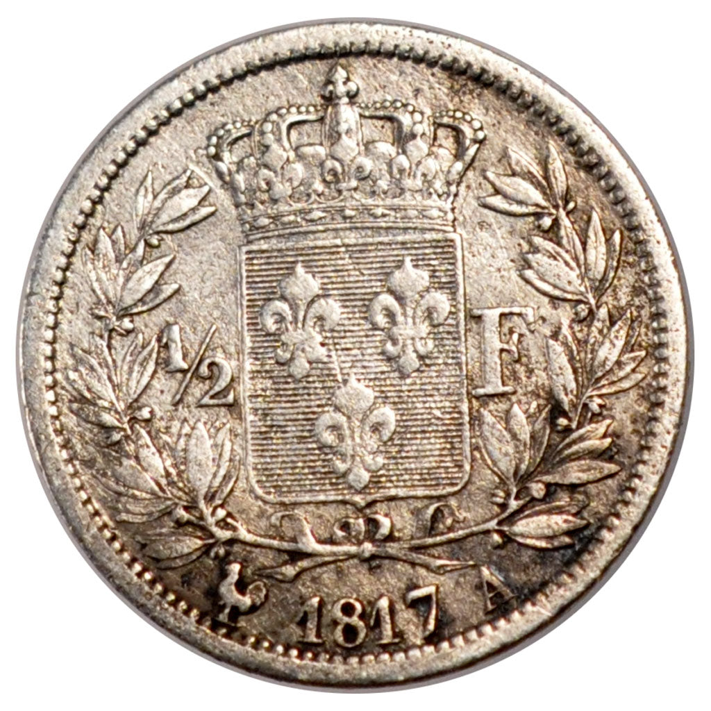Francia, Louis XVIII, Louis XVIII, 1/2 Franc, 1817, Paris, MB+, Argento, Gado...