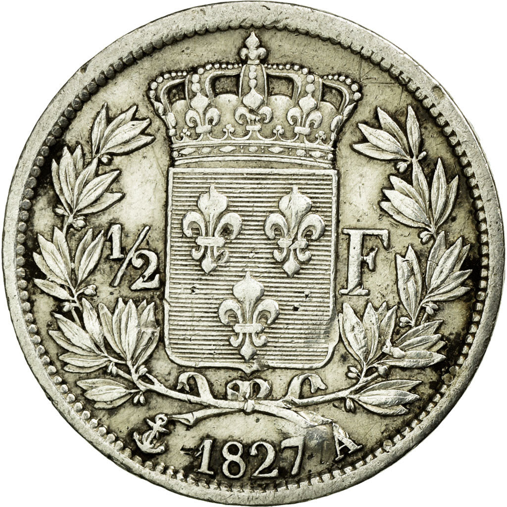 Coin, France, Charles X, 1/2 Franc, 1827, Paris, AU(50-53), Silver, Gadoury:402