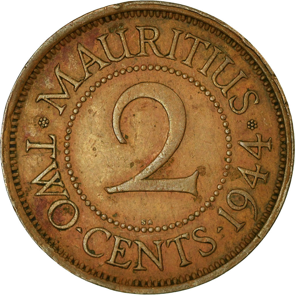 Moeda, Maurícia, George VI, 2 Cents, 1944, Pretoria, EF(40-45), Bronze, KM:22