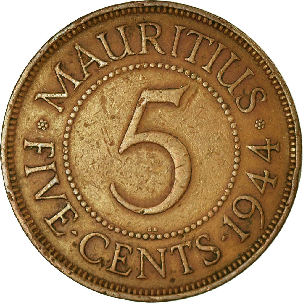 Coin, Mauritius, George VI, 5 Cents, 1944, Pretoria, EF(40-45), Bronze, KM:20