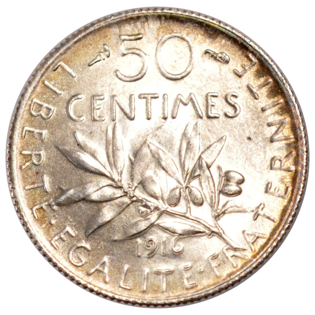 FRANCE, Semeuse, 50 Centimes, 1916, Paris, KM #854, MS(60-62), Silver, 18.1,...