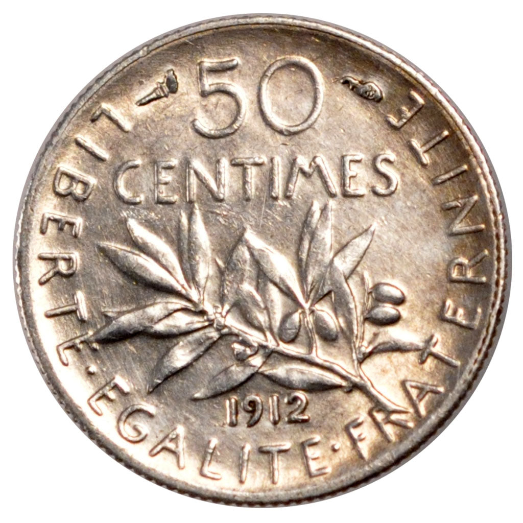 FRANCE, Semeuse, 50 Centimes, 1912, Paris, KM #854, AU(55-58), Silver, 18.1,...