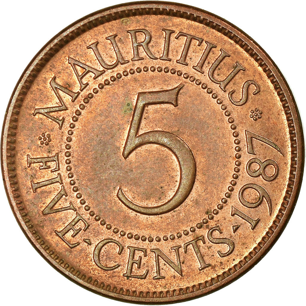 Moeda, Maurícia, 5 Cents, 1987, EF(40-45), Aço Cromado a Cobre, KM:52