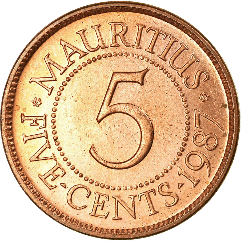 Moneta, Mauritius, 5 Cents, 1987, AU(55-58), Miedź platerowana stalą, KM:52