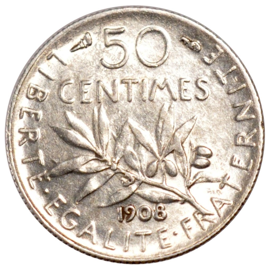 FRANCE, Semeuse, 50 Centimes, 1908, Paris, KM #854, AU(50-53), Silver, 18.1,...
